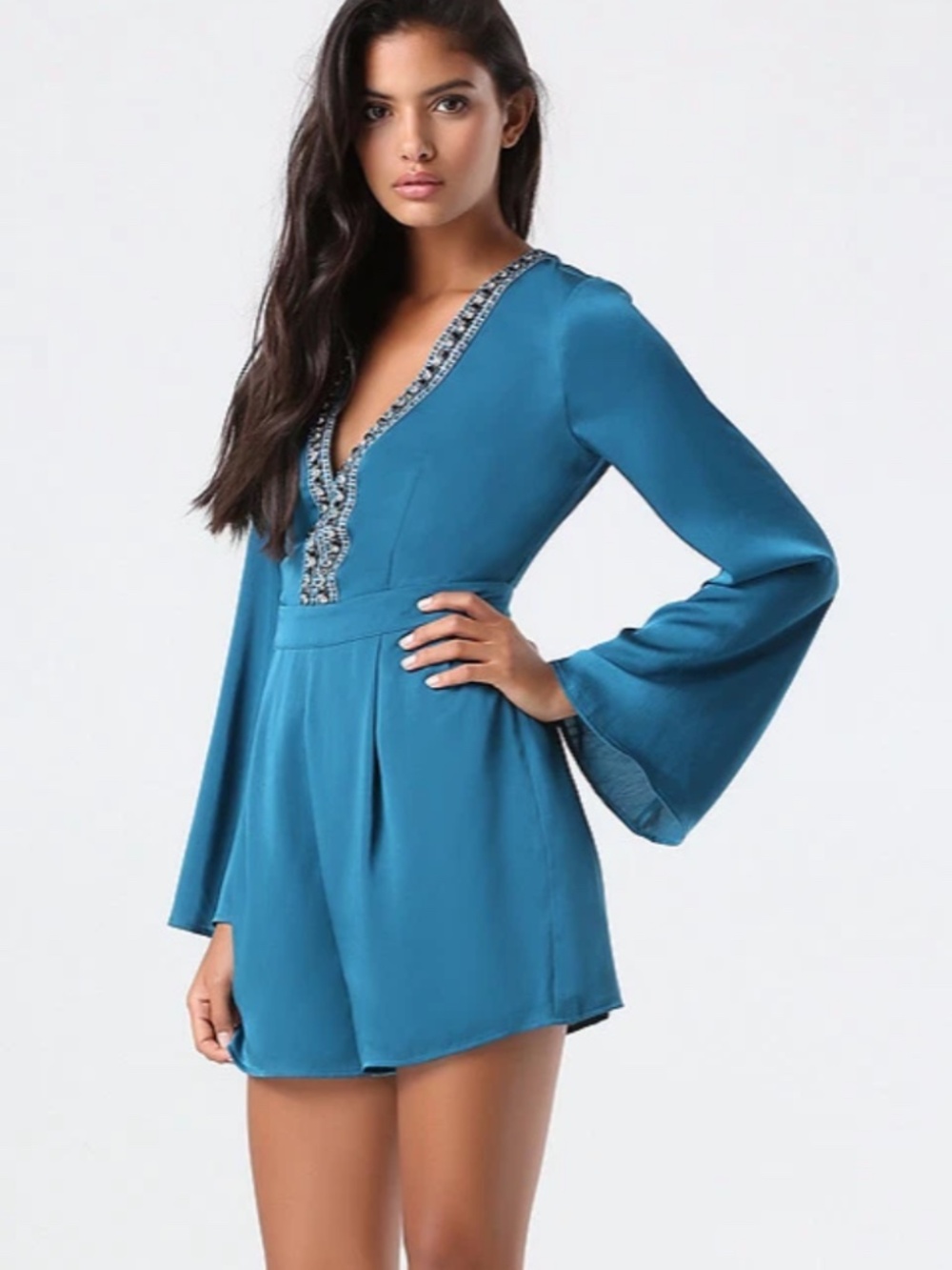 NWT bebe Blue Deep V Neck Embellished top Bell Sleeve Dress romper